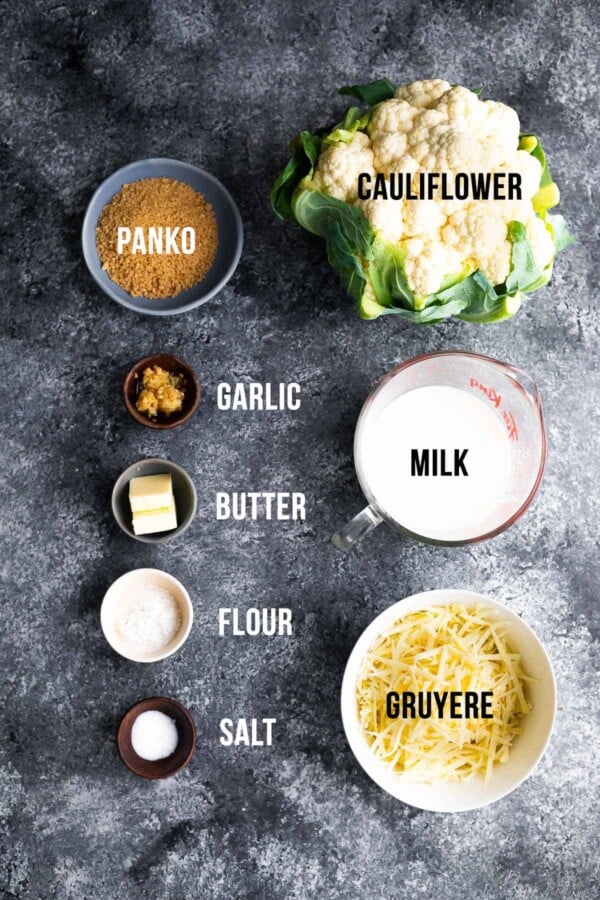 overhead view of ingredients required to make cauilflower au gratin