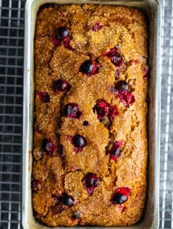 cranberry loaf in loaf pan after baking