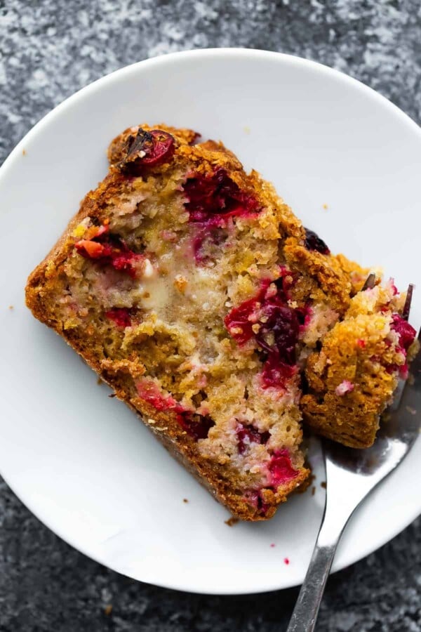 overhead view of cranberry loaf on plate