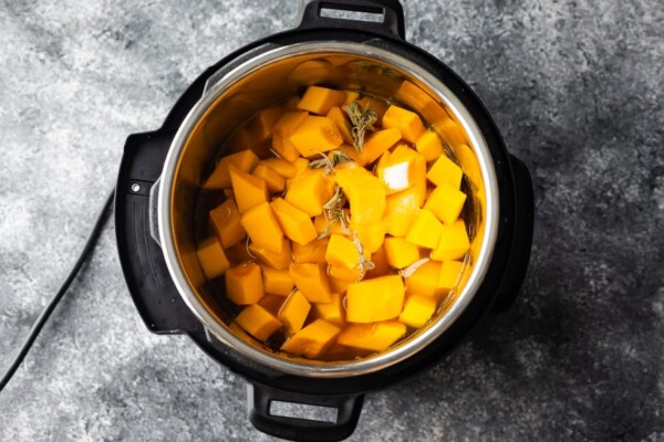overhead view of butternut squash soup ingredients in the instant pot before cooking