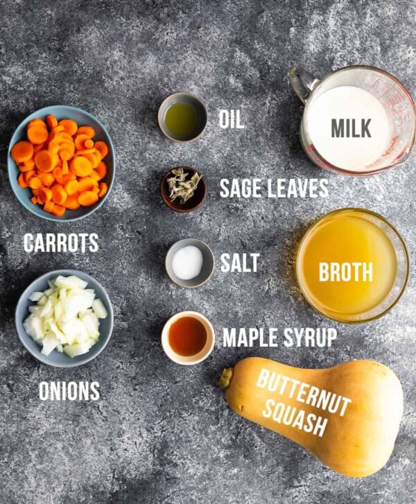 overhead view of ingredients required to make butternut squash soup