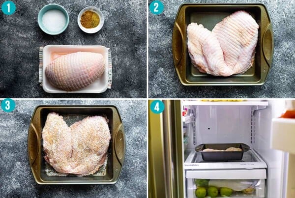 step by step instructions showing how to dry brine turkey breast