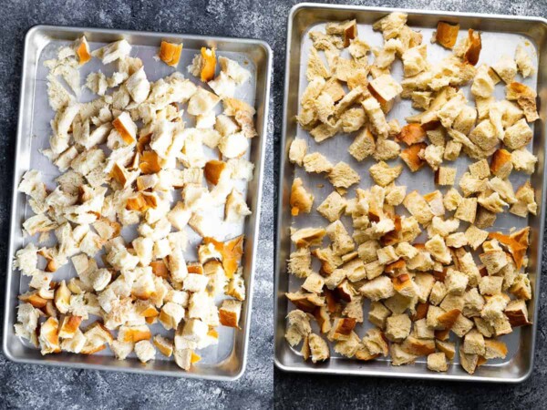 before and after collage image with bread being dried out for stuffing
