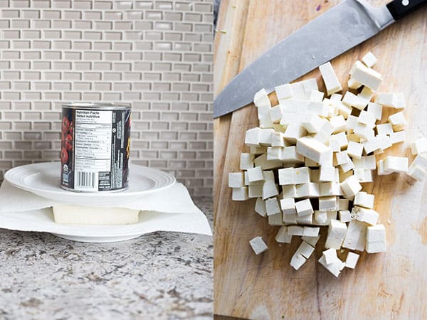 collage image showing how to press and cube tofu