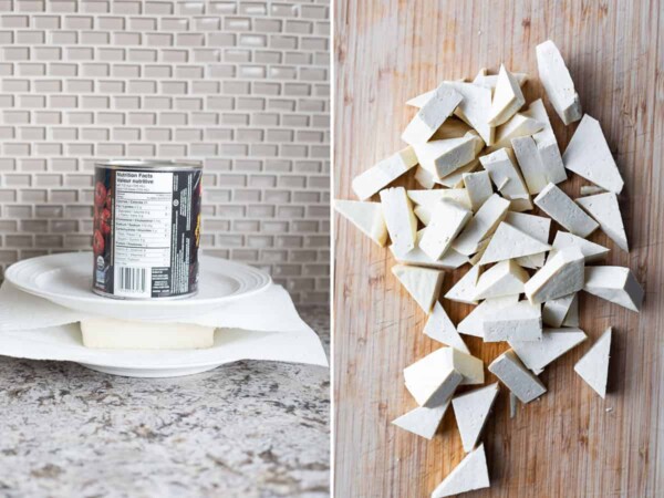 collage image showing how to press and chop tofu