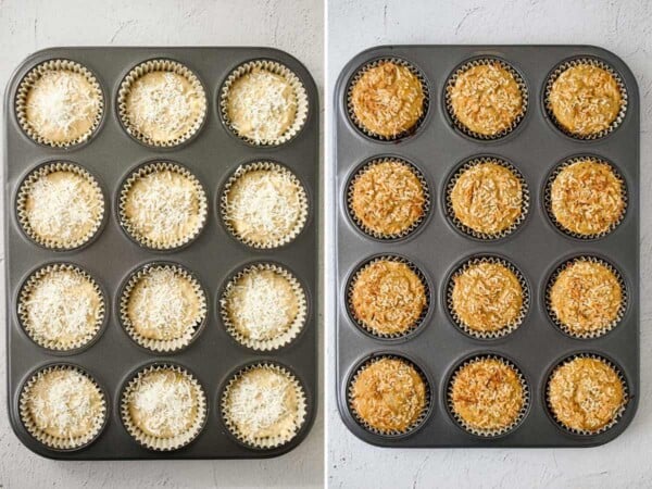 lemon chia yogurt muffins in baking pan before and after baking