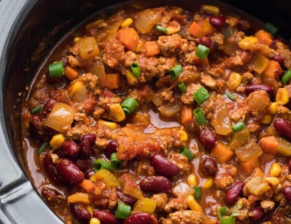 cooked turkey chili in slow cooker