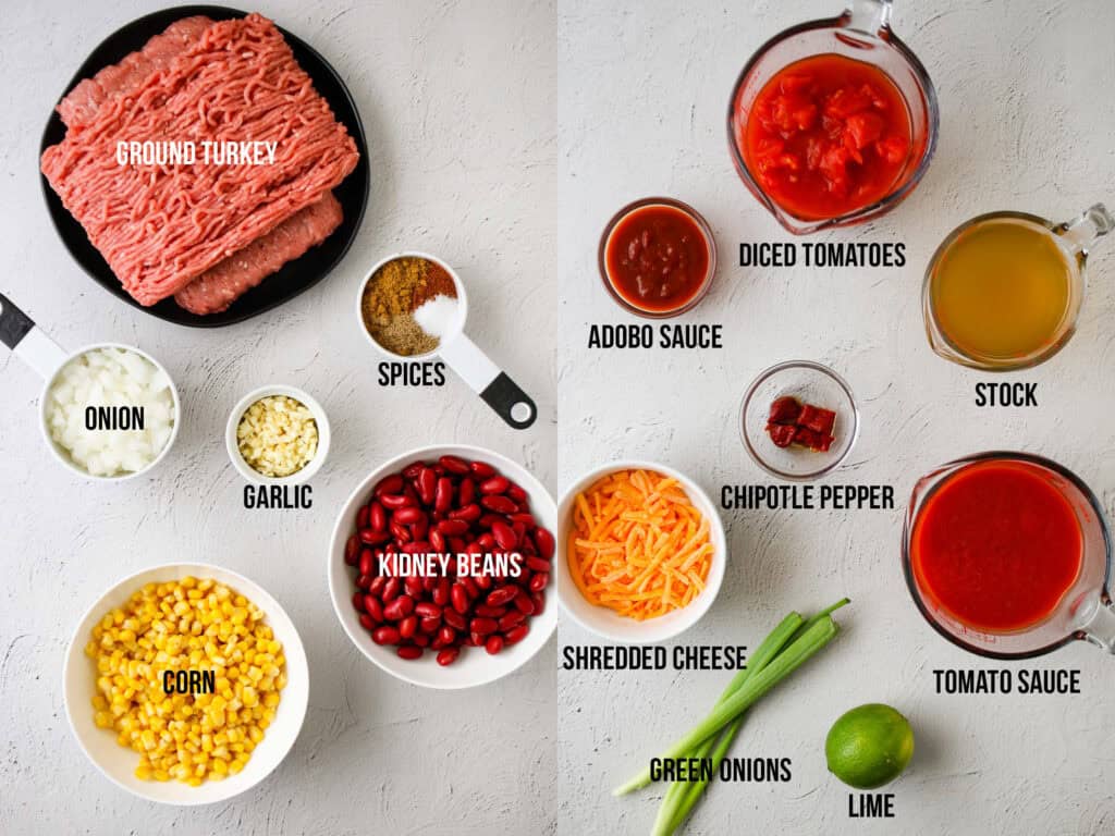 an overhead shot of the ingredients needed for slow cooker turkey chili