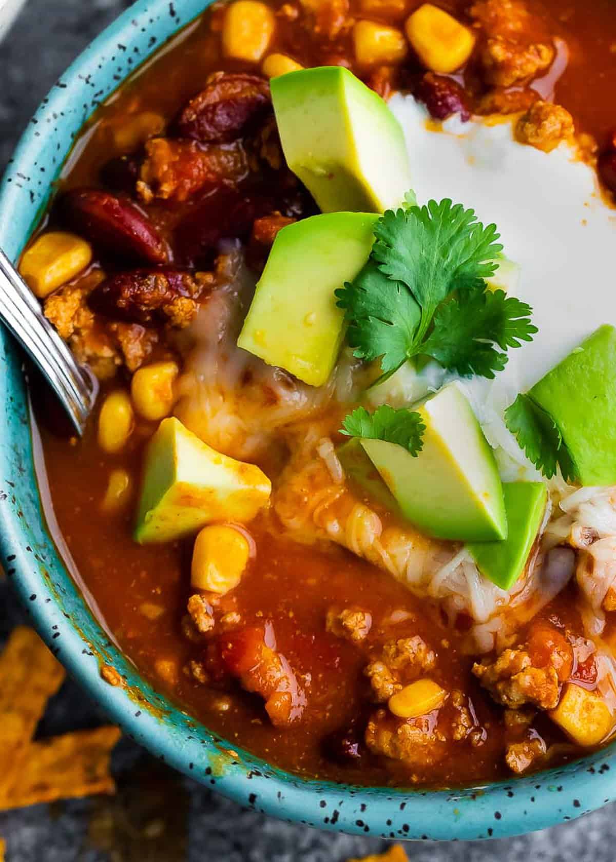 very closeup shot of turkey chili