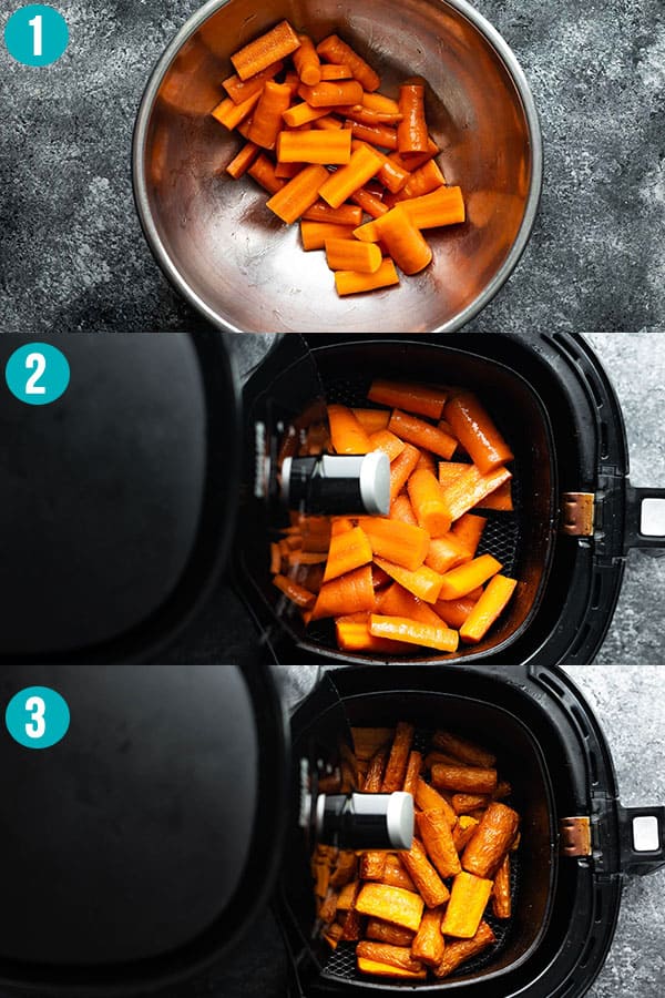 collage image showing how to cook carrots in an air fryer