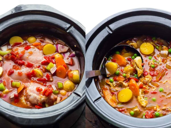 collage image: before and after cooking spanish chicken stew in the slow cooker