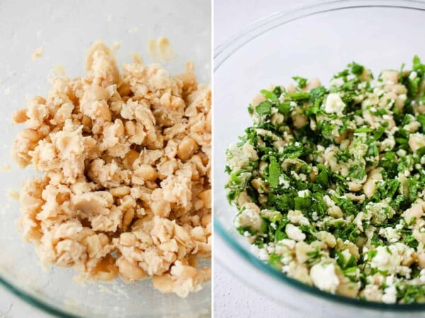 side by side image showing how to prep the smashed white bean quesadilla filling