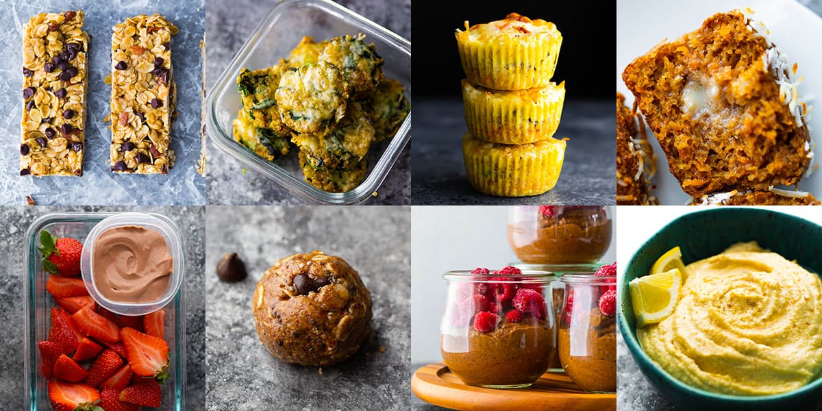 collage image showing 8 of the snacks in the meal prep snacks ebook