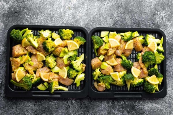 raw uncooked air fryer chicken and broccoli