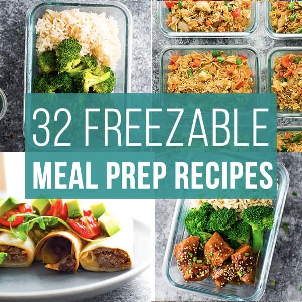 collage image with freezer friendly meal prep recipes