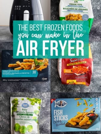collage image showing frozen foods that can cook in the air fryer
