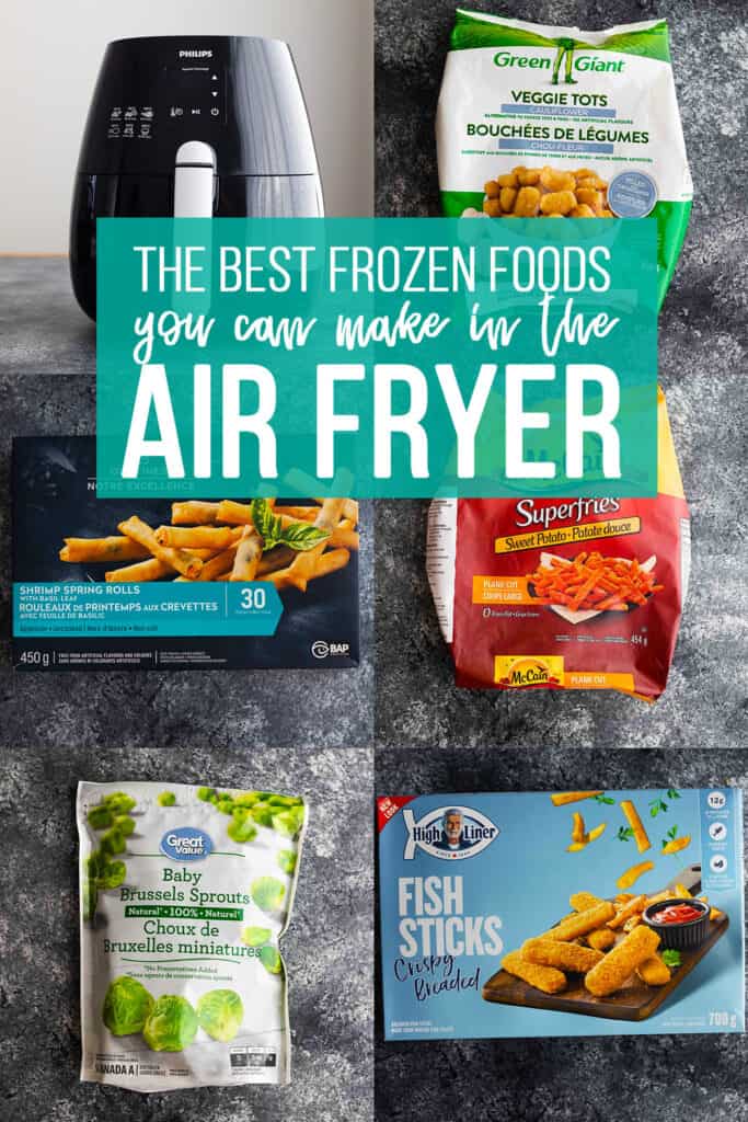 collage image showing frozen foods that can cook in the air fryer