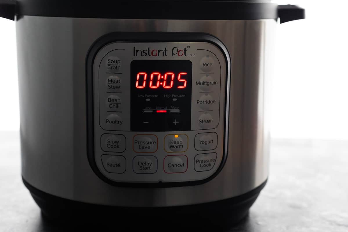 instant pot with timer set to 5 minutes
