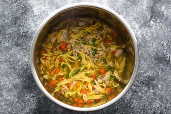 overhead view of chicken noodle soup in the Instant Pot