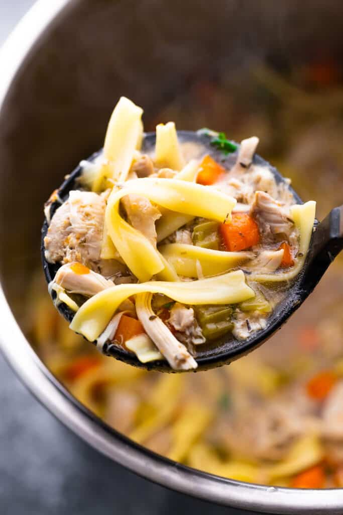 Instant Pot Chicken Noodle Soup (extra noodley) 1 chicken noodle soup on a ladle over the instant pot