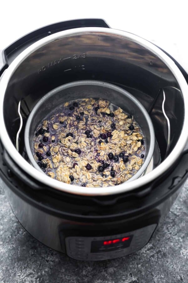 baked oatmeal batter in cake pan in instant pot