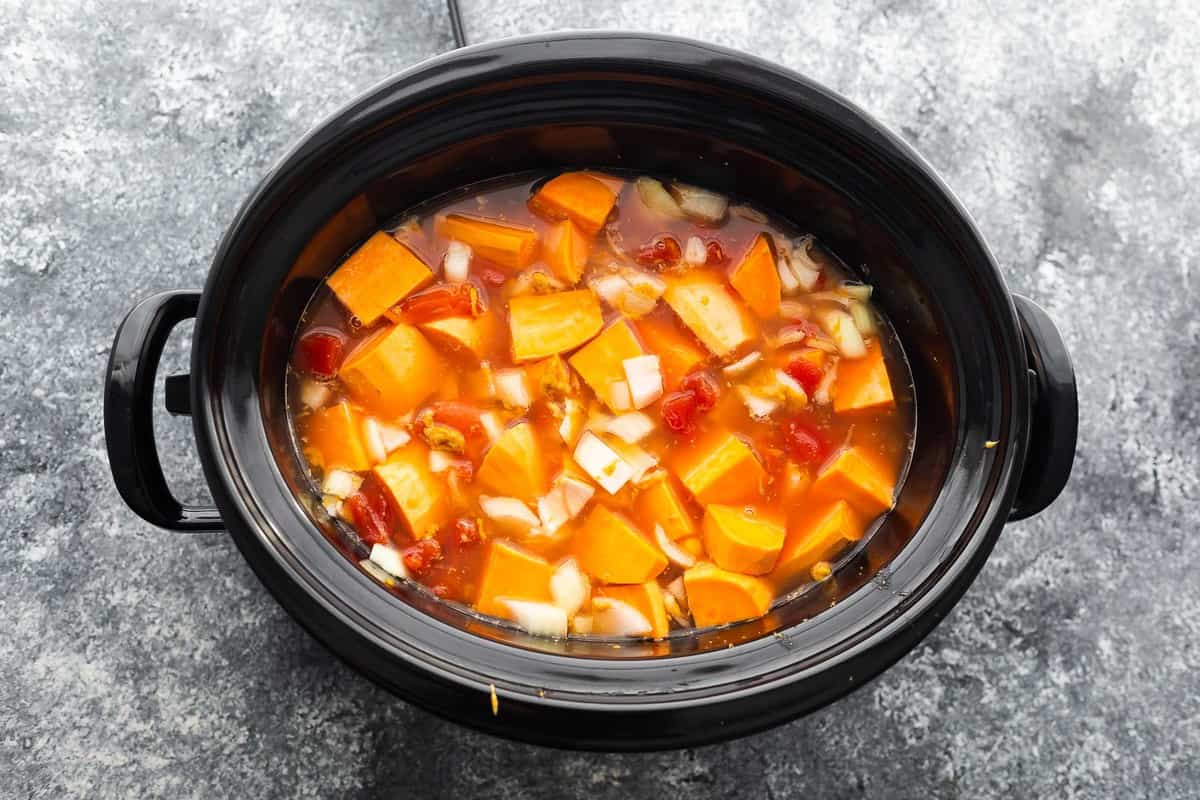 ingredients for peanut stew in the slow cooker before cooking