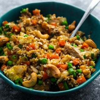 close up shot of bowl of cauliflower fried rice