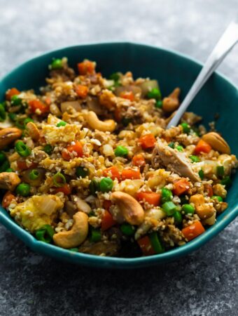 close up shot of bowl of cauliflower fried rice