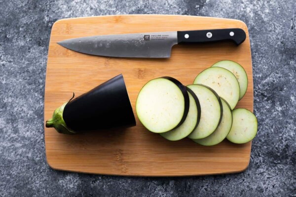 sliced eggplant on cutting board