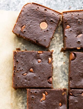 close up shot of black bean brownies cut into bars