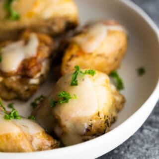 close up shot of instant pot chicken thigh with gravy
