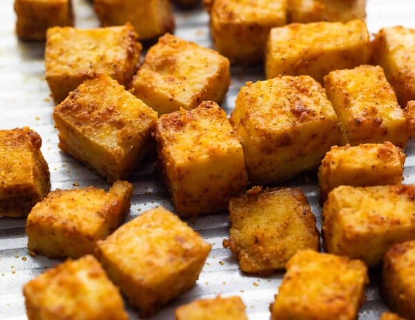 close up view of crispy baked tofu