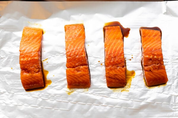 balsamic salmon on baking sheet