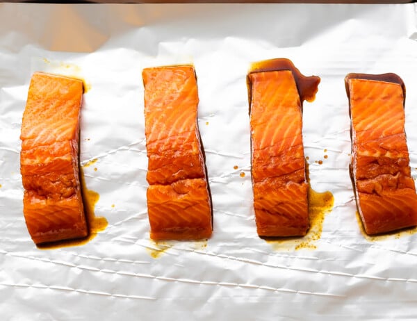 balsamic salmon on baking sheet