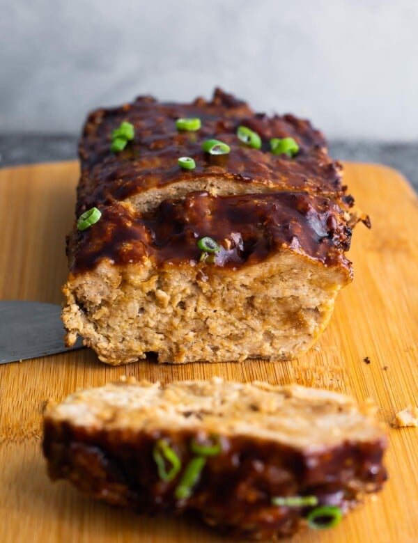 hoisin turkey meatloaf sliced on cutting board