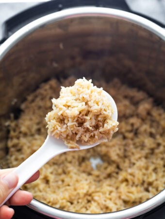 close up of cooked brown rice on rice paddle over instant pot