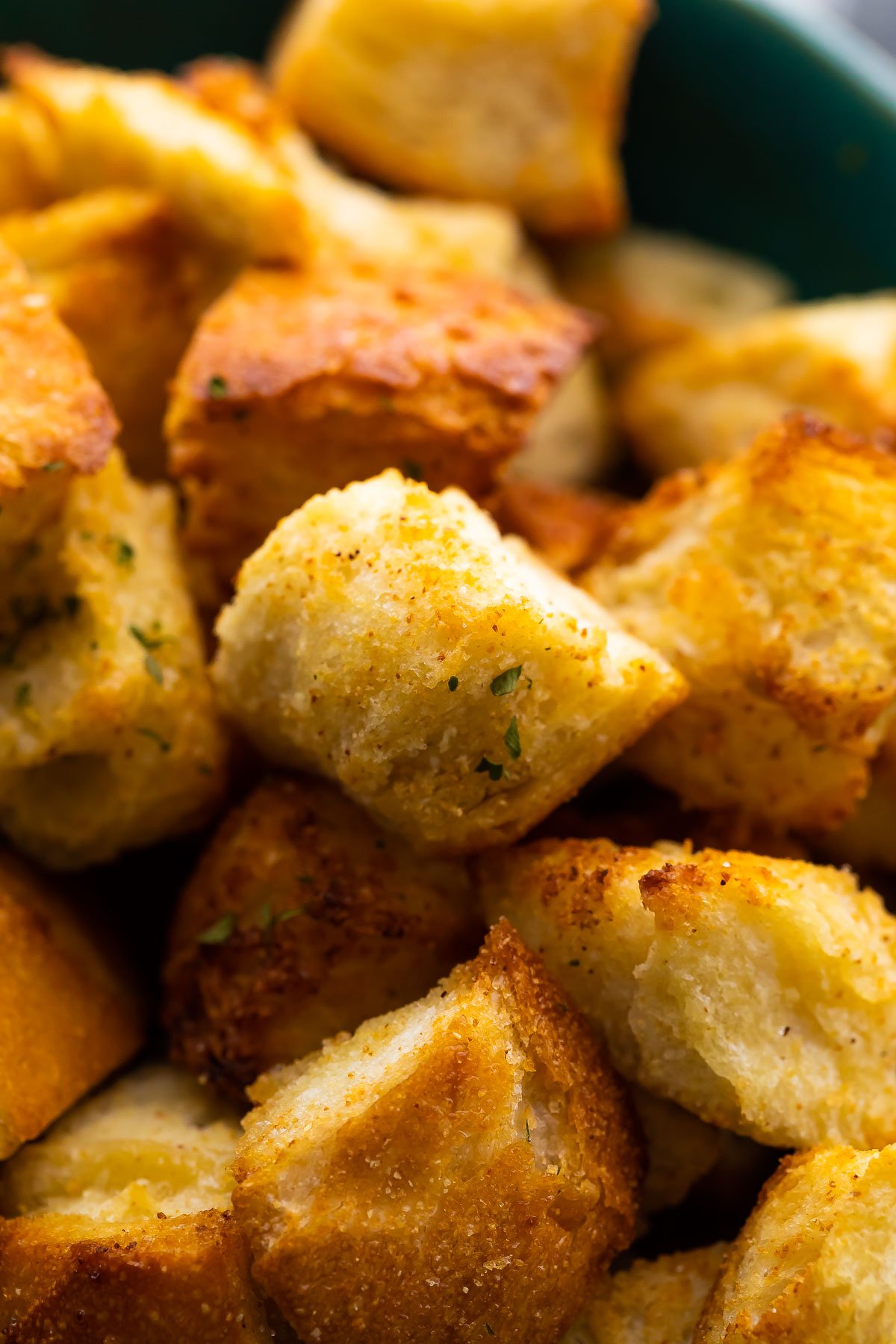 close up shot of air fryer croutons in bowl