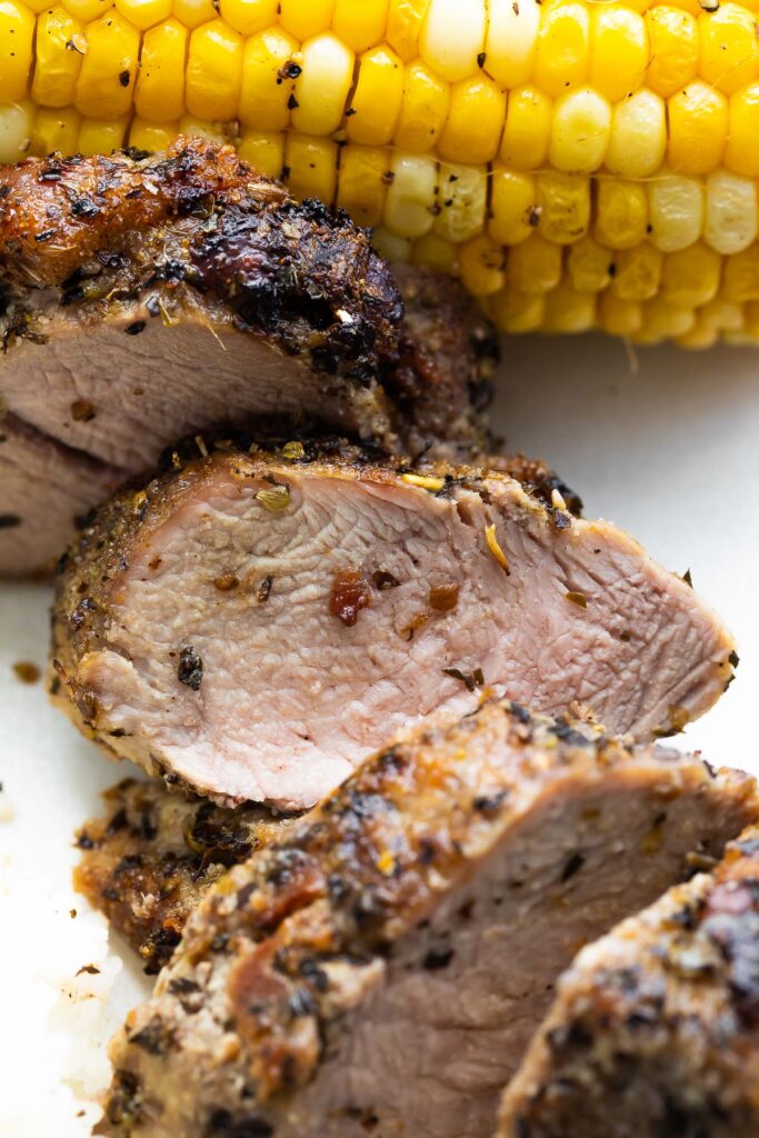 Herb Crusted Air Fryer Pork Tenderloin Sweet Peas and Saffron