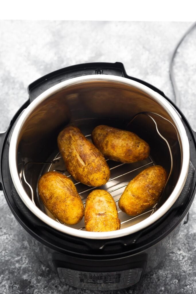 overhead view of baked potatoes in the instant pot
