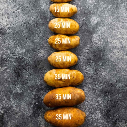 row of potatoes in increasing time with cook times labelled on each