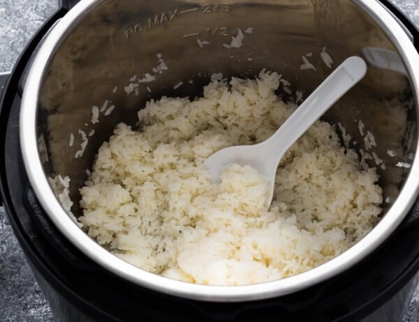 cooked jasmine rice in the instant pot with rice paddle