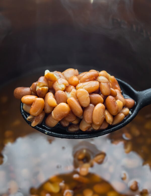 close up shot of pinto beans on large spoon