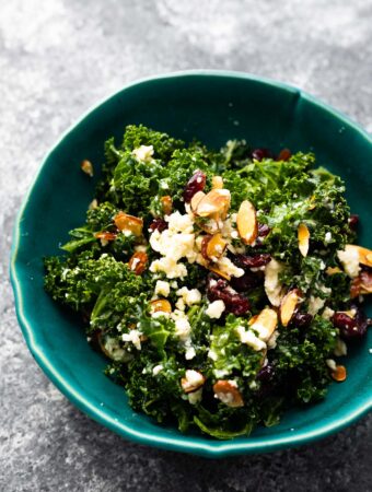 kale salad in blue bowl