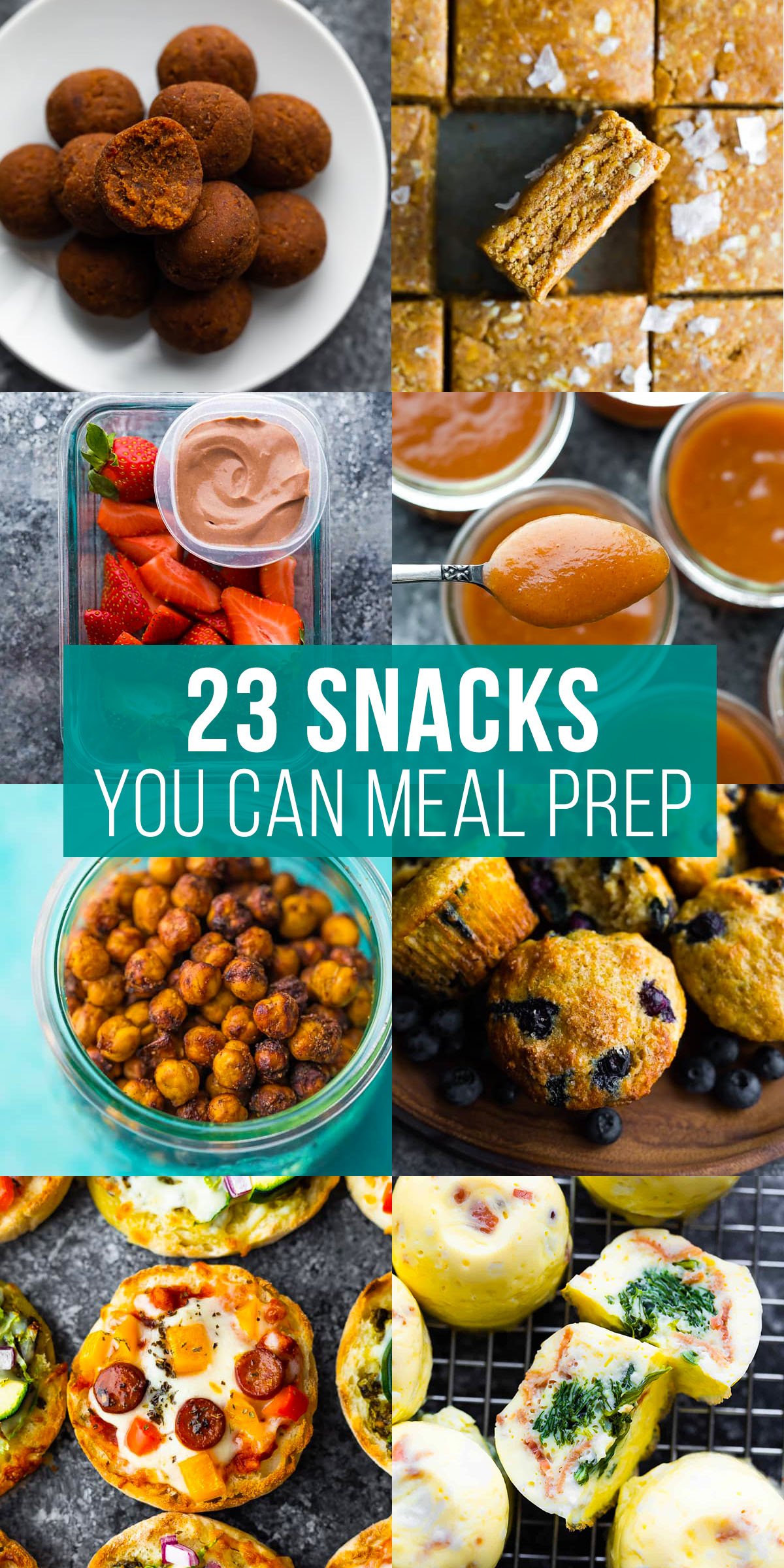 collage image that says 23 snacks you can meal prep