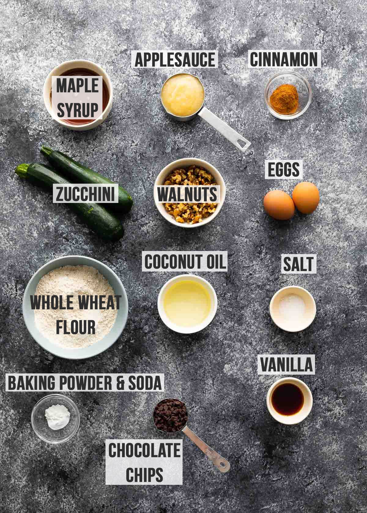 ingredients required to make healthy zucchini bread (labelled)