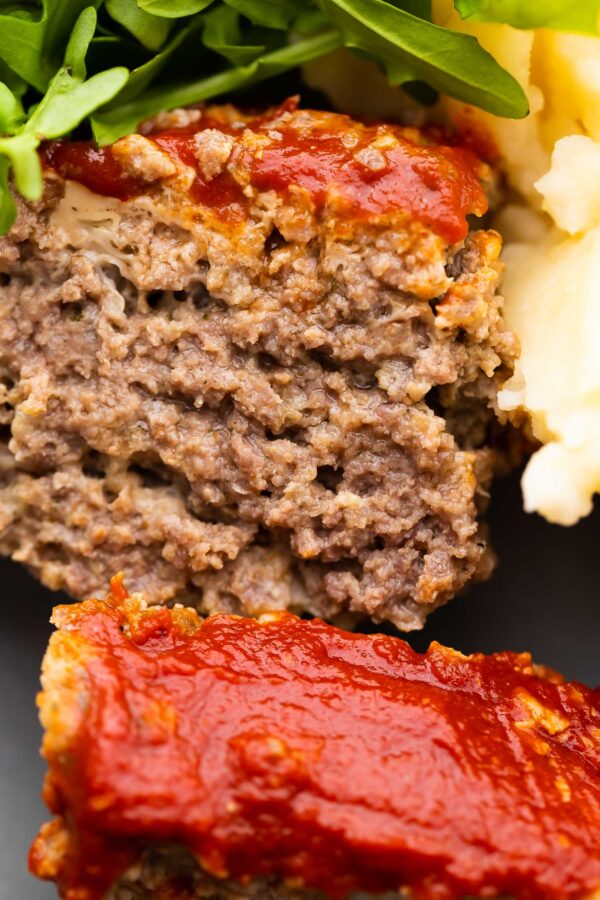 close up shot of meatloaf, showing how juicy it is