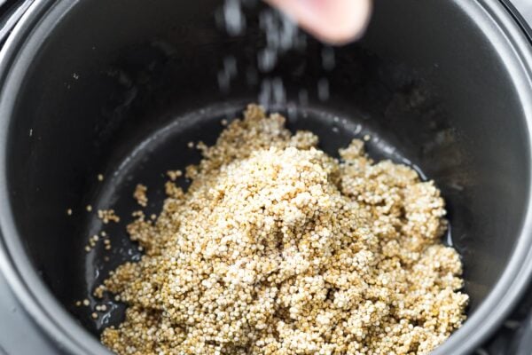 sprinkling salt into quinoa in rice cooker