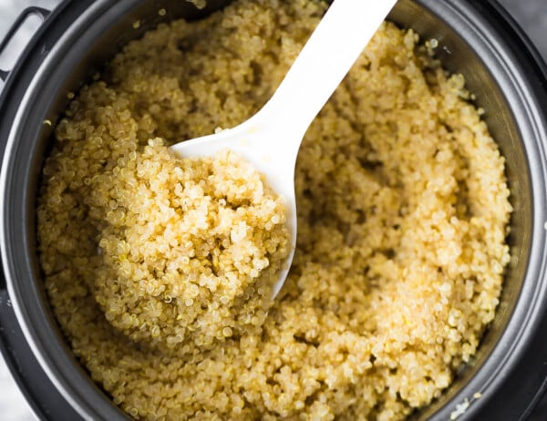 quinoa fluffed up after cooking in the rice cooker