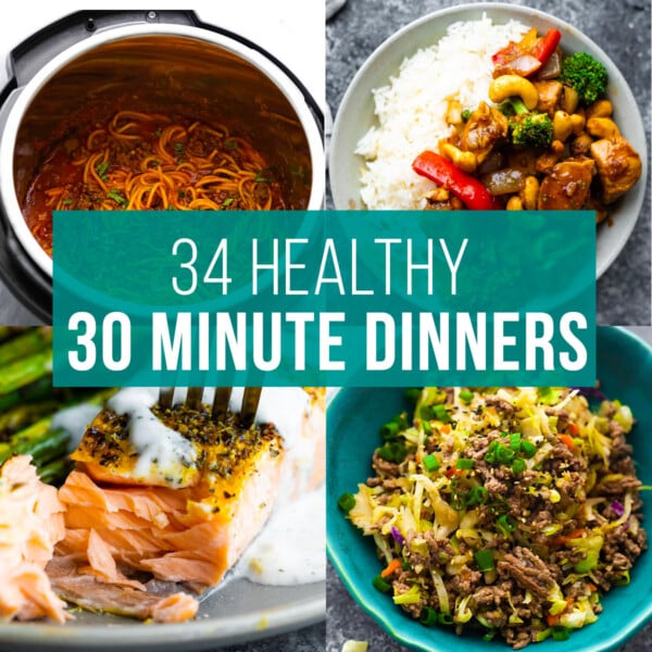 collage image that says 34 healthy 30 minute dinners