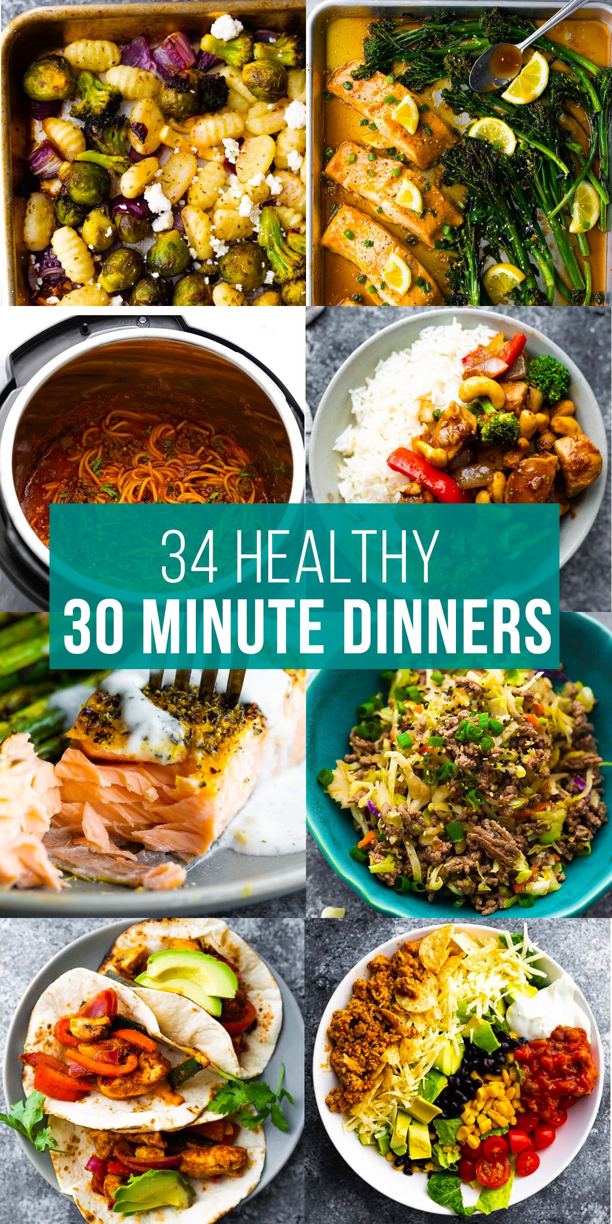 34 sağlıklı 30 dakikalık akşam yemeği yazan kolaj resmi